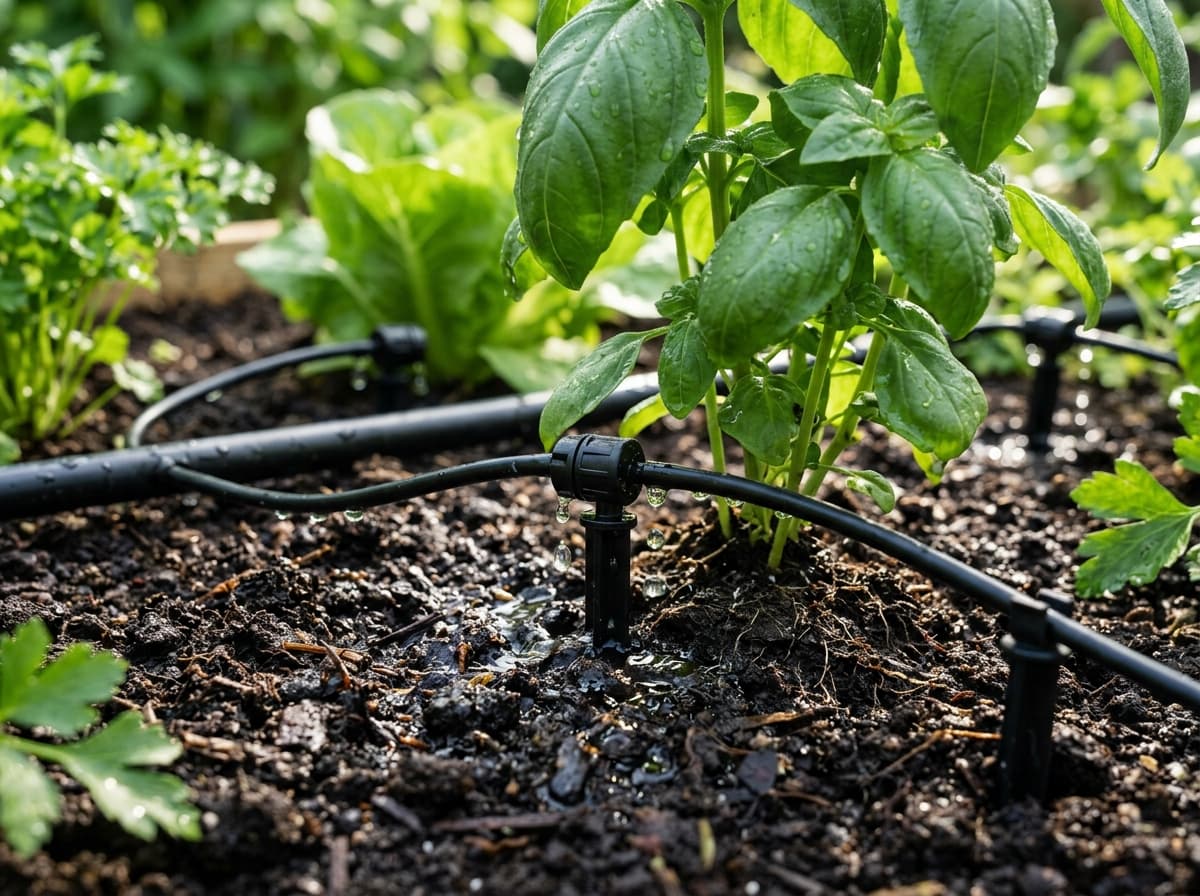Drip irrigation line watering garden soil