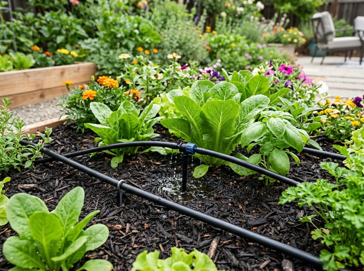 Drip irrigation line watering garden plants in Maple Ridge BC